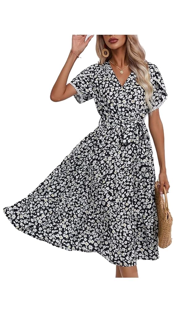 YUNZSXJY Women's Summer High Split Floral Dress 2024 Sexy V